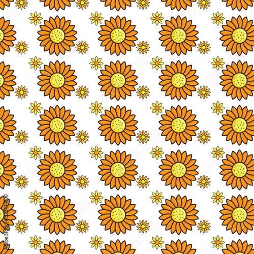 Vibrant flower pattern with orange and yellow sunflowers on white background