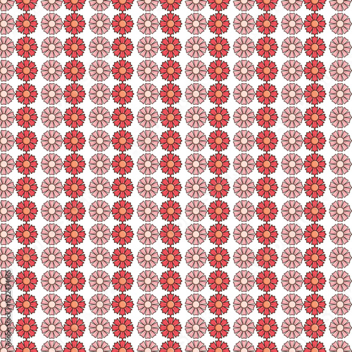 Delicate floral pattern of repeating pink and coral flowers on a white background.