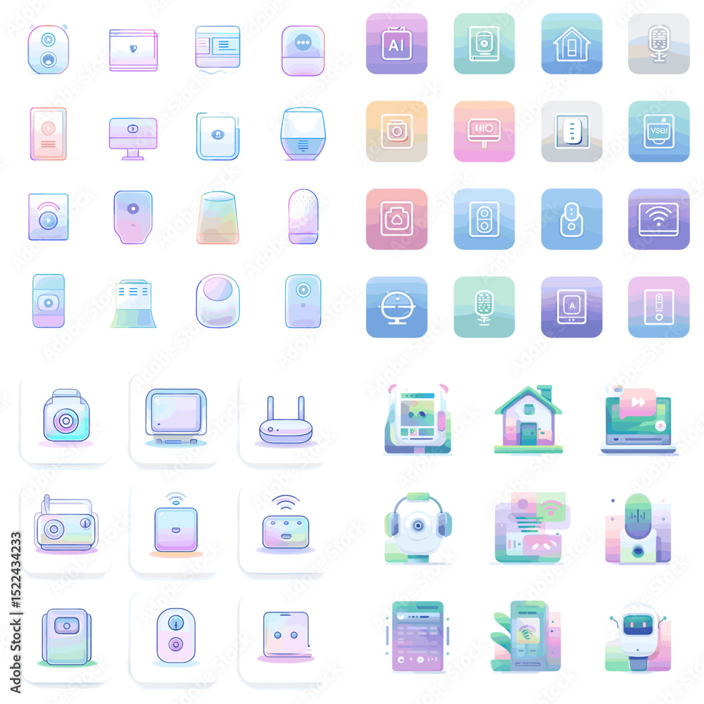 Pastel gradient vector set representing smart home technology, AI, security, automation, and digital interface devices. Ideal for tech and IoT user interface design.
Pastel gradient vector set representing smart home technology, AI, security, automation, and digital interface devices. Ideal for tech and IoT user interface design.