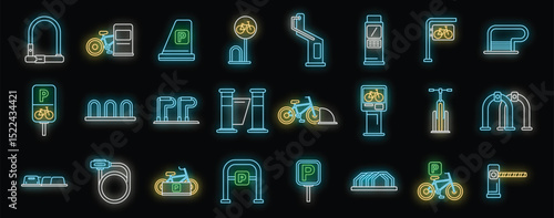 Neon icons representing various bicycle parking solutions, highlighting security, integration with public transport, and urban mobility