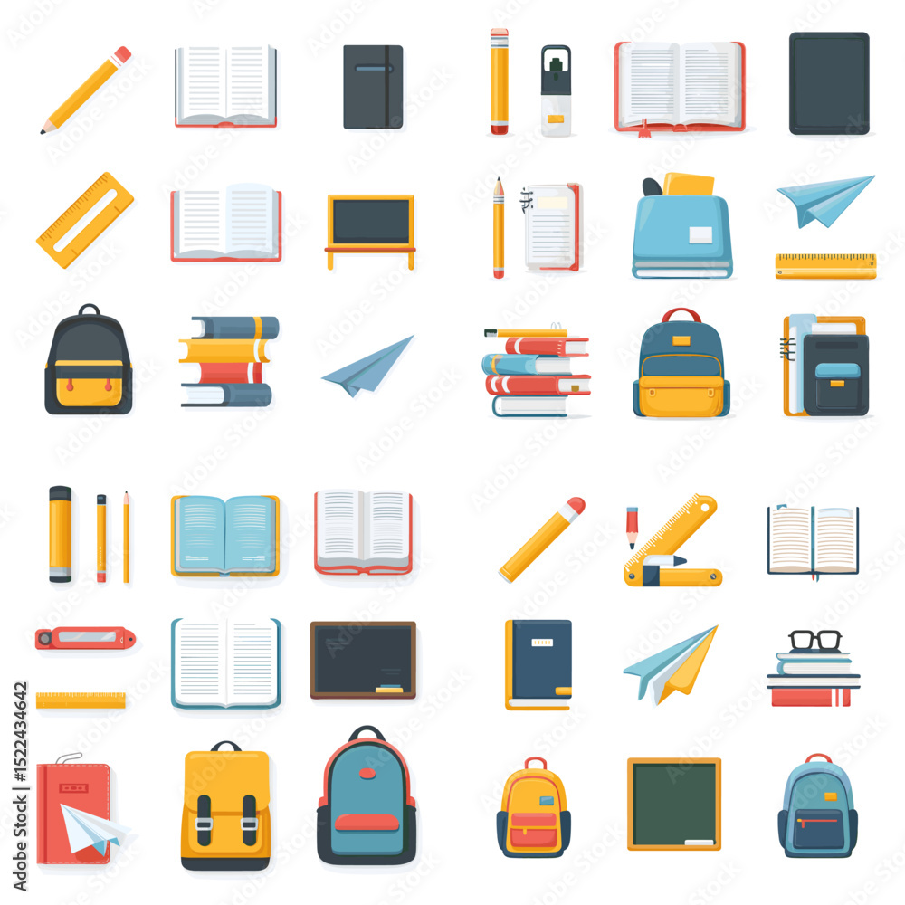 Flat icon set of school supplies including books, bags, pencils, and paper planes — perfect for educational content, study tools, and back-to-school themes.
Flat icon set of school supplies including books, bags, pencils, and paper planes — perfect for educational content, study tools, and back-to-school themes.