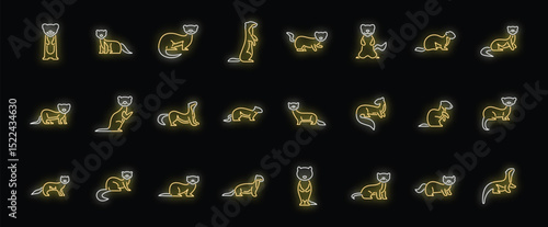 Neon ferret icons set, glowing bright collection of ferret silhouettes in various poses, isolated on black background