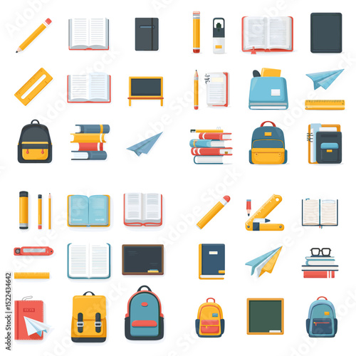 Flat icon set of school supplies including books, bags, pencils, and paper planes — perfect for educational content, study tools, and back-to-school themes.

