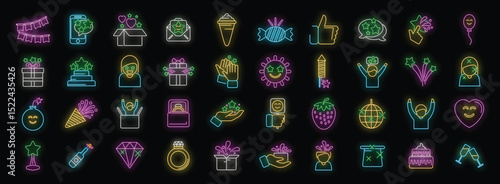 Colorful neon icons depict festive elements, creating a vibrant atmosphere of joy and celebration