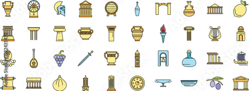 Set of colorful icons representing various aspects of ancient greece, including architecture, mythology, food, music and objects