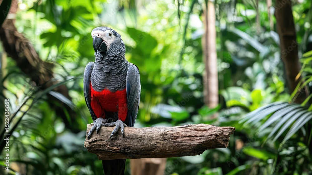 Fototapeta premium An African grey parrot standing on a wooden perch with vibrant feathers and curious expression