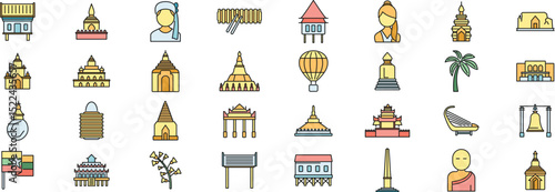 Vibrant icons showcase myanmar's rich heritage, from temples and stupas to traditional attire and musical instruments