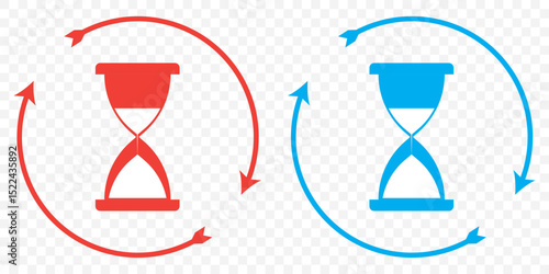 Red and Blue hourglass icons illustrating the concept of time in a minimalist design suitable for various applications. hourglass time wait icon sign vector