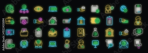 Bright neon icons illustrating various aspects of finance, from loans and payments to investment strategies and money management
