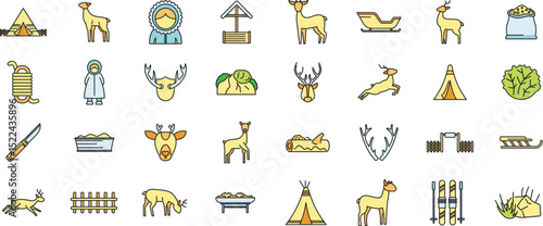Icons depicting reindeer, herding practices, traditional tools, winter sports, and elements of northern indigenous cultures