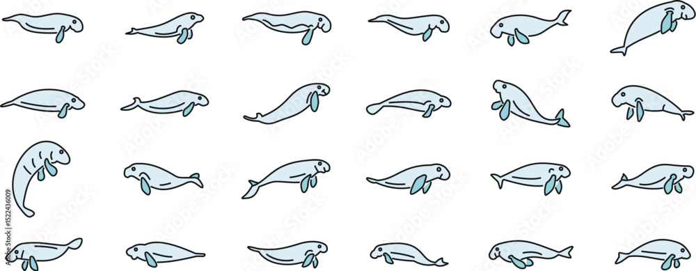 Fototapeta premium Set of dugong icons showing different swimming and floating positions, ideal for marine life projects