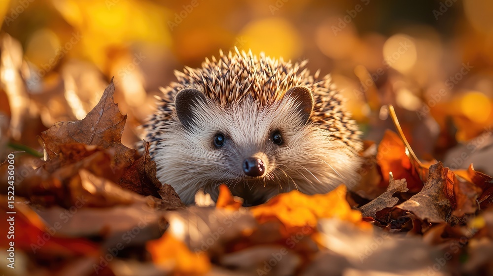 Fototapeta premium A cute hedgehog nestled among fallen autumn leaves in soft golden light
