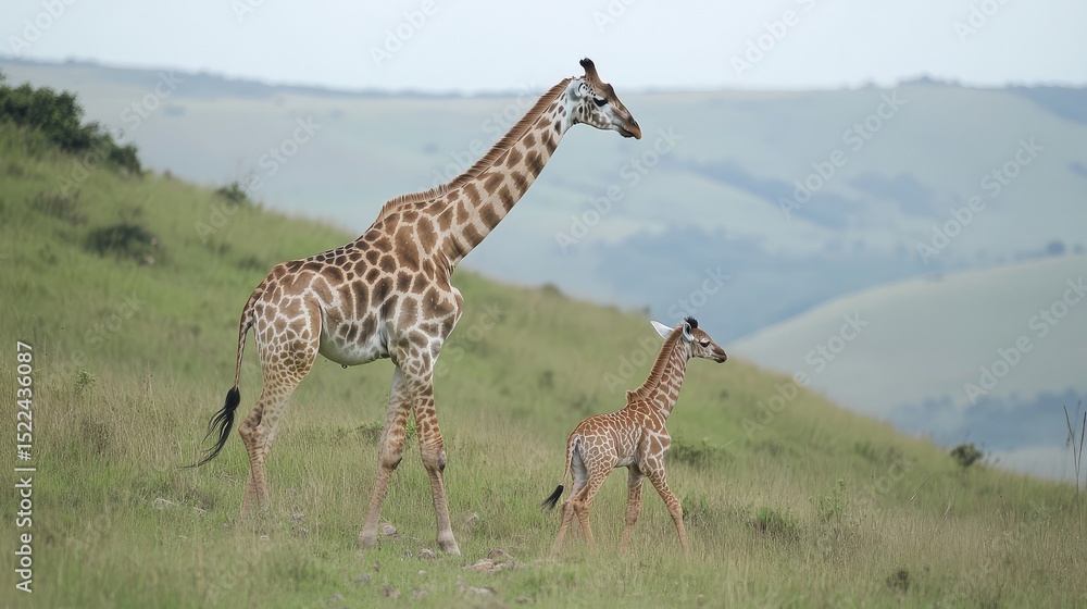 Fototapeta premium A giraffe guiding its calf across a gently sloping grassland scattered with small stones