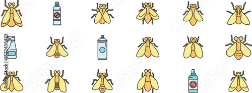 Different types of flies and insecticide sprays are represented in a simple, colorful icon set, perfect for visualizing pest control and prevention