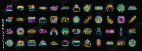 Colorful neon icons representing various japanese dishes, creating a vibrant and eye catching display