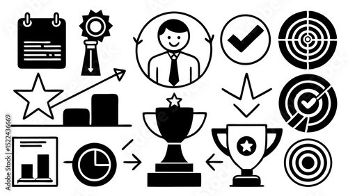 Business success concepts with icons representing goals achievement and personal growth for achieving targets and corporate triumph