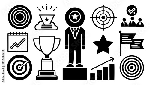 Collection of business success icons featuring goal achievement and teamwork symbolizing victory and growth in a monochrome style