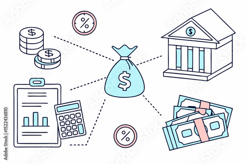 Financial concepts illustration featuring money coins bank building banknote and percentage icons suitable for business and finance projects