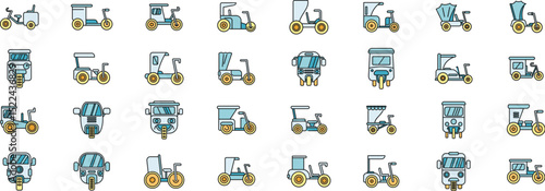 Diverse rickshaw designs in a colorful, minimalist style