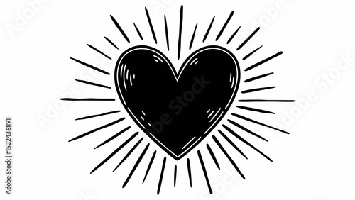 Hand-drawn black heart with radiating lines in a retro style on a transparent background perfect for various design projects.