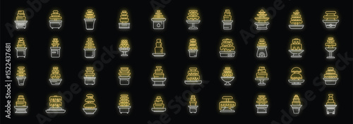 Chocolate fountain icons set, glowing neon style pictograms, party or wedding dessert, catering or buffet food, melted liquid chocolate, sweet treat, vector illustration