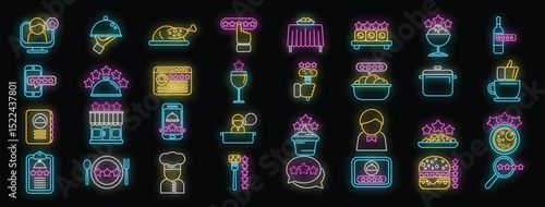 Bright neon icons depicting diverse food and restaurant themes