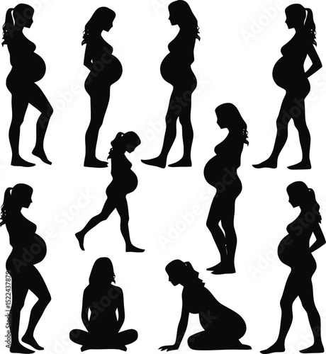 Silhouettes of pregnant women in different stages and poses holding belly, walking