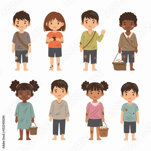 Sad children in tattered clothes collection