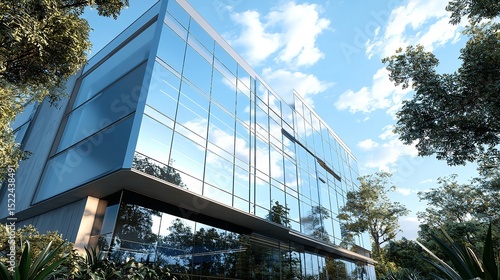 Modern Office Building with Glass Facade and Blue Accents