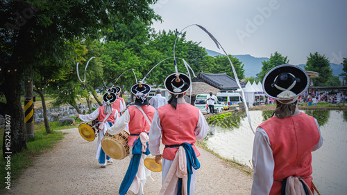 Samulnori band and festival scene at Oeam Folk Village in Asan, South Korea