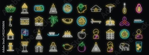 Colorful neon icons showcasing various aspects of cambodian culture, from traditional food and architecture to religious symbols and tropical fruits