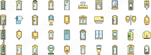 Collection of minimalist bathroom fixtures and elements including doors, toilets and urinals in flat design style