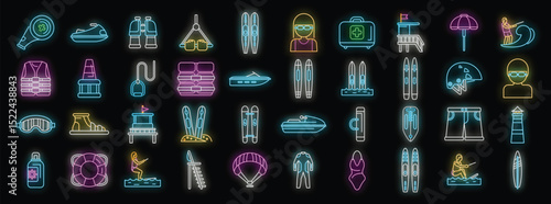 Neon icons representing diverse watersports activities, equipment, and safety measures, creating a vibrant and dynamic visual