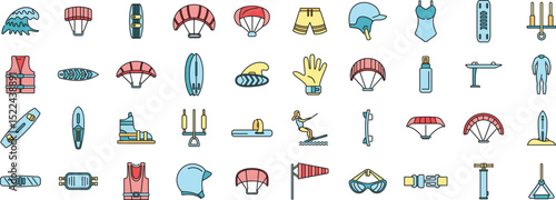 Collection of colorful icons representing kitesurfing, wakeboarding and surfing equipment, clothing and accessories