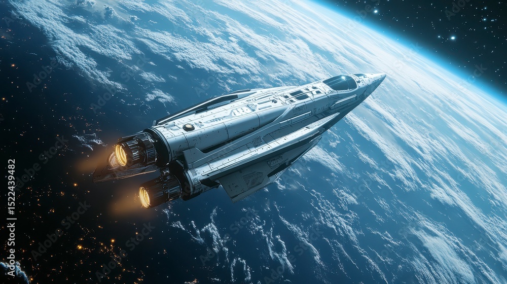 Spacecraft Flying Above Earth with Thrusters Ignited at Night Spacecraft Flying Above Earth with Thrusters Ignited at Night
