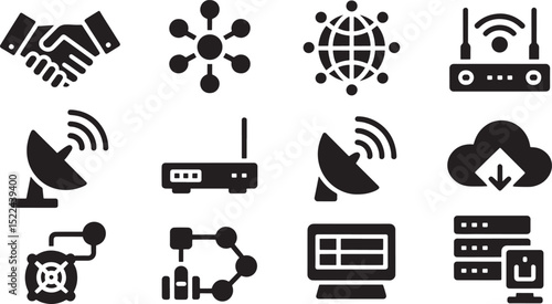 Black and white icon set illustrating technology network and business dealings