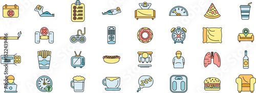 Icons depicting various aspects of an unhealthy lifestyle leading to weight gain and potential health problems