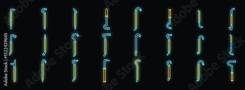 Different types of crowbars glowing neon light, forming a set of construction tools icons