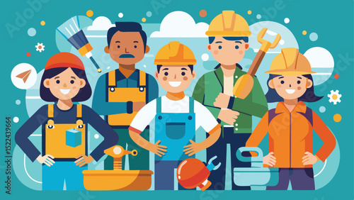 CartoonStyle Vector Image of Diverse Construction and Renovation Workers with Tools and Equipment Against Blue Background