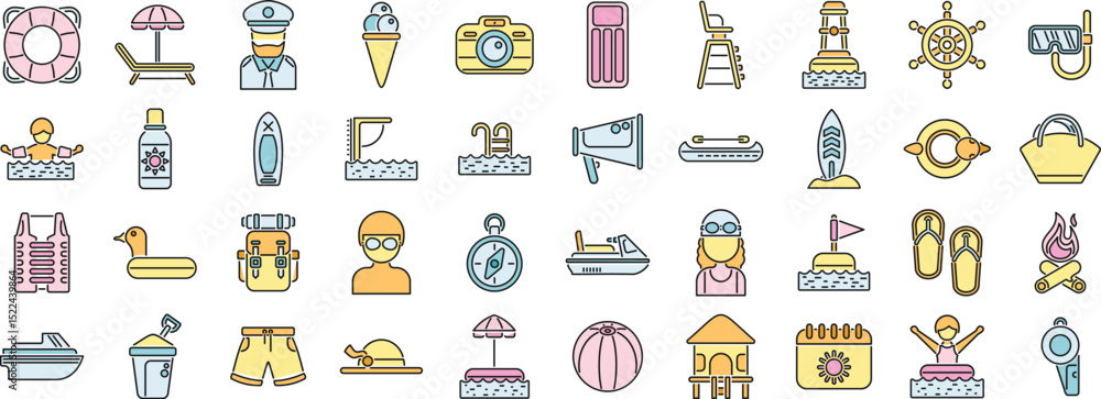Colorful icons representing various summer activities, including swimming, sunbathing, and water sports Colorful icons representing various summer activities, including swimming, sunbathing, and water sports
