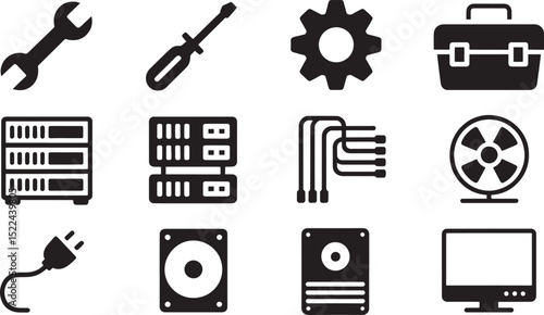 Collection of black and white vector icons representing computer hardware and tools
