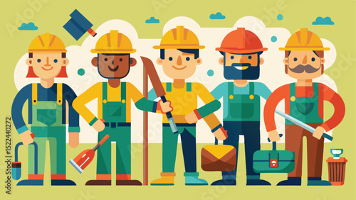 Cartoon Construction Workers with Tools, Helmets and Overalls in Front of Abstract Background