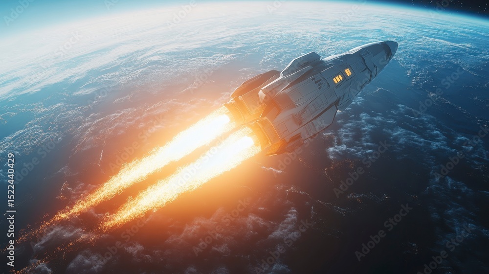 Obraz premium Rocket Launching into Space Over Earth with Bright Flames