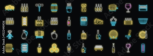 Glowing neon icons representing various aspects of winemaking, from grape harvesting to wine storage and serving