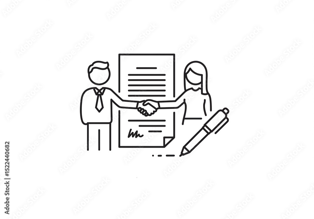 A business agreement shown with a handshake between two people and a pen on a white background A business agreement shown with a handshake between two people and a pen on a white background