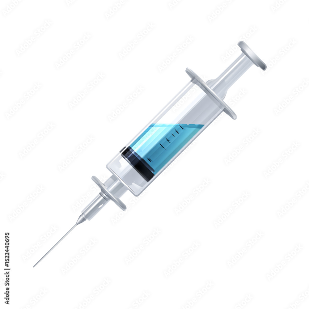3D Medical Syringe with Blue Liquid in Transparent Barrel on Transparent Background 3D Medical Syringe with Blue Liquid in Transparent Barrel on Transparent Background
