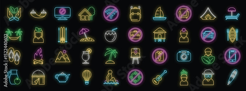 Bright neon icons illustrate various vacation activities, promoting relaxation, digital detox, and enjoyment of nature and travel