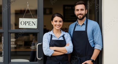 Two restaurant owners stand in the doorway of their establishment, epitomizing the essence of entrepreneurship and local business ownership. Capturing their partnership and warm smiles.