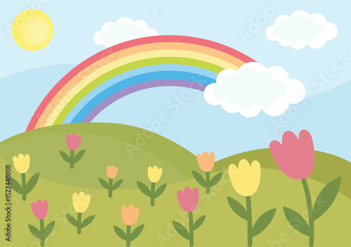 Illustration of rainbow in the meadow with tulips. Cute summer landscape in lights colors