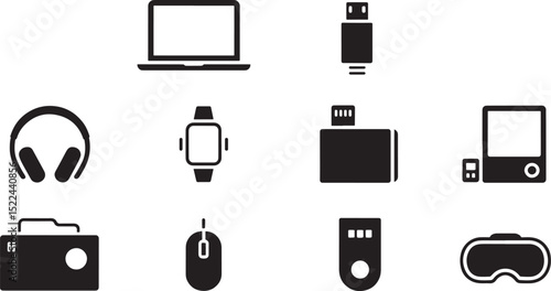 Minimalist black and white vector icons of common modern electronic devices